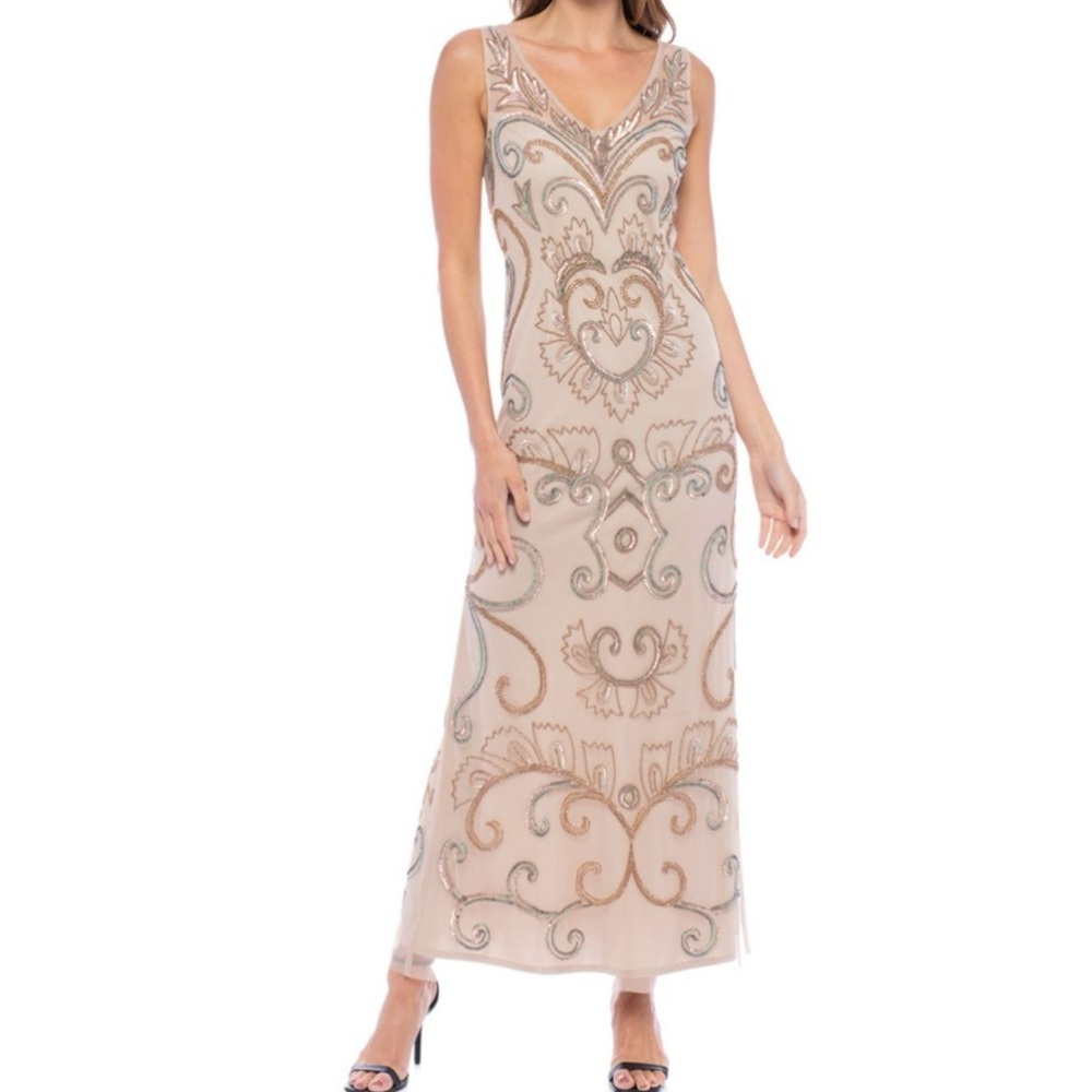 MARINA Beige and Gold Embellished Maxi Dress